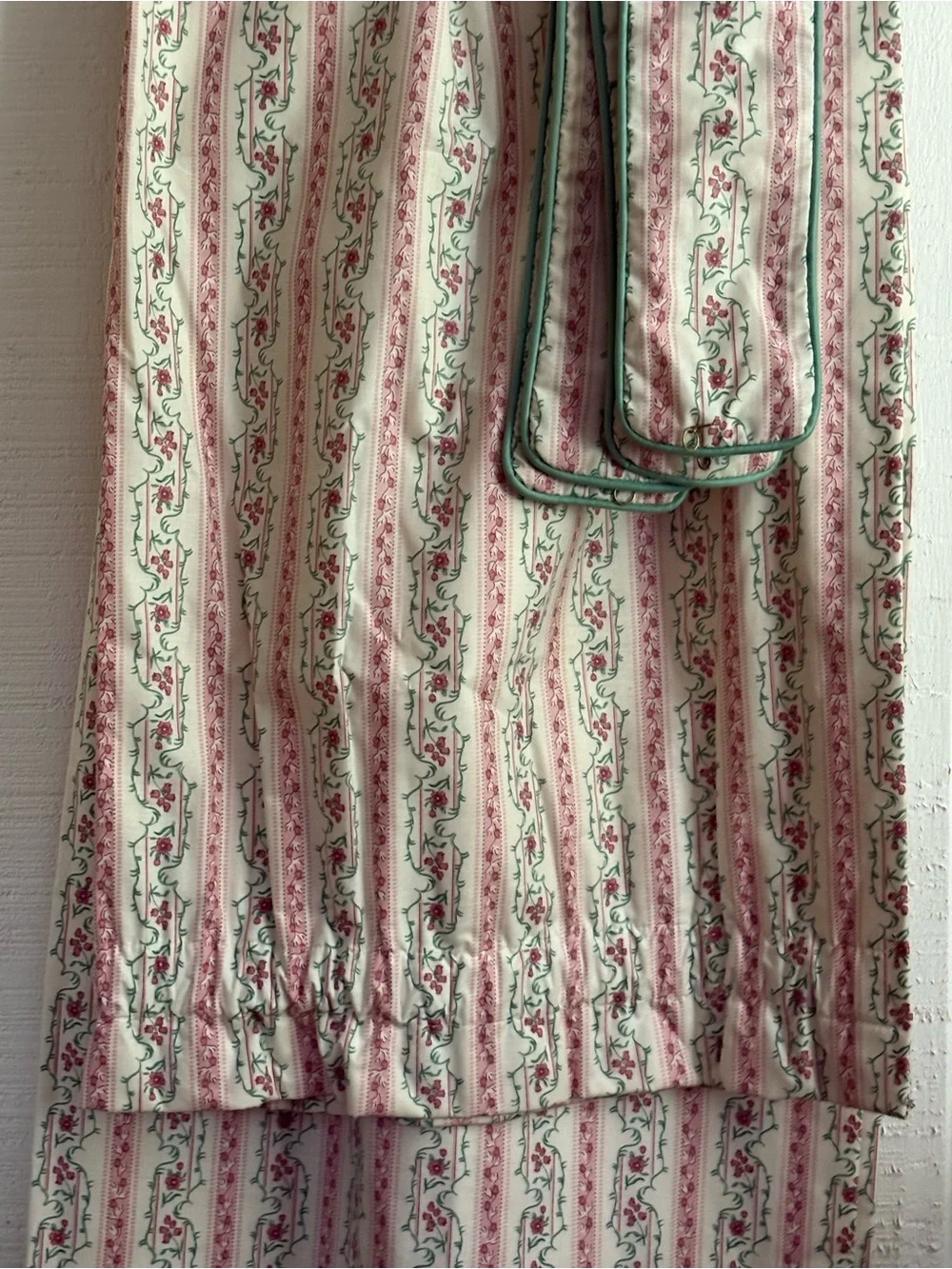 Vintage Cotton Heavy Floral Branch  Ticking Stripes Curtains set of 2 Flaws